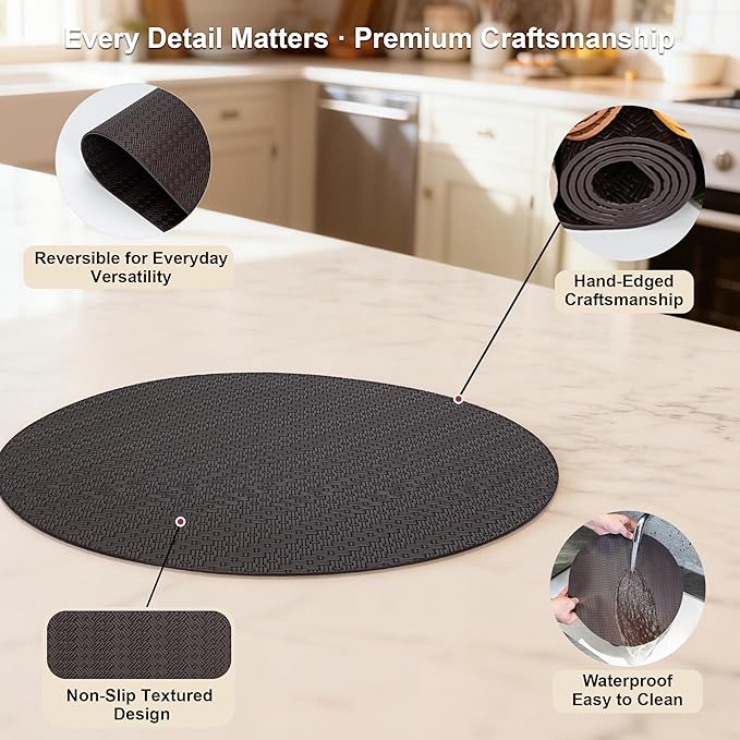 PROMATTOO Round Faux Leather Placemats Set of 6 – 13 Inch Vinyl Mats, Heat Resistant, Non Slip, Wipeable & Washable, Easy to Clean Dining Table Decor for Kitchen & Holiday Gatherings（Black）
