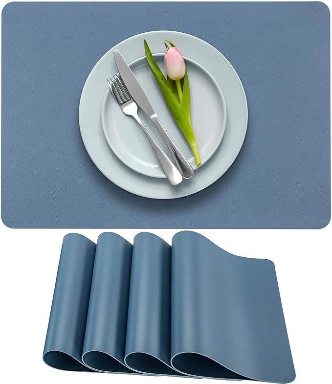 More D챕cor Faux Leather Placemats Set of 4 for Dining Table ??Waterproof, Wipeable, Washable, Stain & Heat Resistant, Non-Slip Table Mats ??12 X 17 Inch, (Solid Blue, 4)