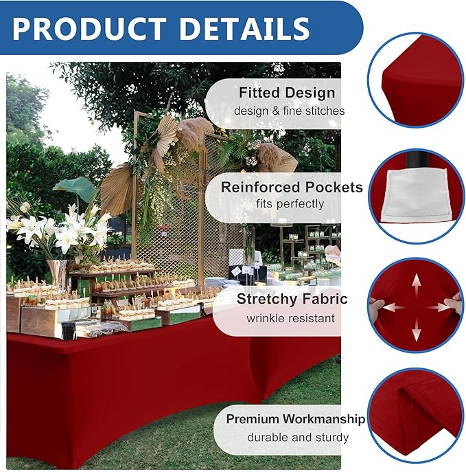 Enjoyidea Spandex Table Cloths for 8 Foot Rectangle Tables-6 Pack Fitted Stretch Red Table Covers-Elastic Christmas Tablecloths for Party, Vendor Booth Display, Banquet Buffet Event, Craft Trade Show