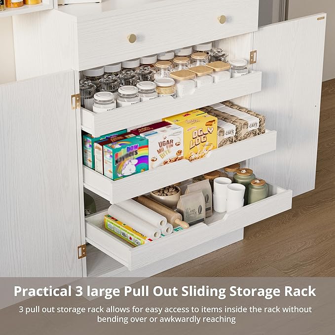 IRONCK Farmhouse Kitchen Pantry Cabinet, 72" Tall Pantry Cabinets with 2 Pull Doors and Drawer Organizing Board Storage for Home Kitchen Dining Room, White