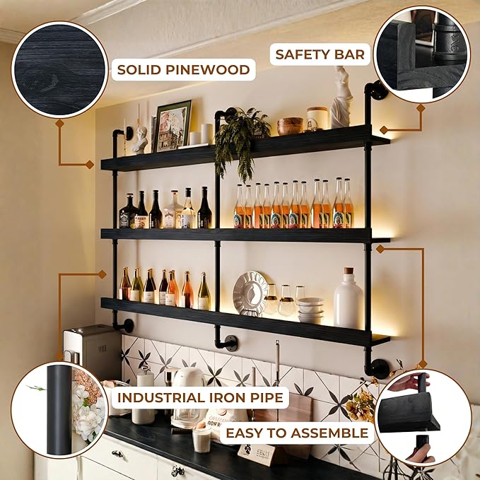 Wall Mounted Wine Rack with LED Light, LED Industrial Pipe Liquor Bar Shelves, 3-Tier Rustic Hanging Organizer for Wine Bottle Storage in Kitchen, Bar, Pub, Cellar(Black, 60 Inch)