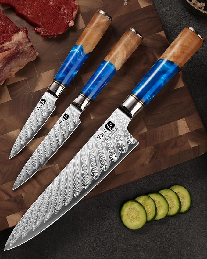 Damascus Chef Knife 8 Inch, Japanese Handcrafted Sharp Kitchen Knife with 67-Layer Damascus Steel & VG10 Core, Blue Resin & Natural Birch Wood Handle, Unique Ideal Christmas Gift for Family & Friends
