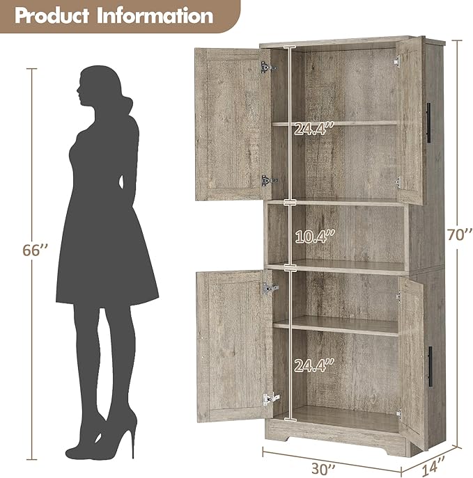 70" Tall White Pantry Cabinet with Doors, Freestanding Storage Cabinet with Adjustable Shelves for Kitchen, Dining Room, Bathroom, Living Room,Gray