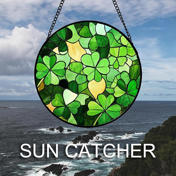 Stained Glass Window Hanging Lucky Clover 9.8" - Suncatcher Door Garden Sun Catcher Ireland Green Decor Birthday Mother's St. Ripack's Day Gift for Woman Mom Men Friend Nana Wife