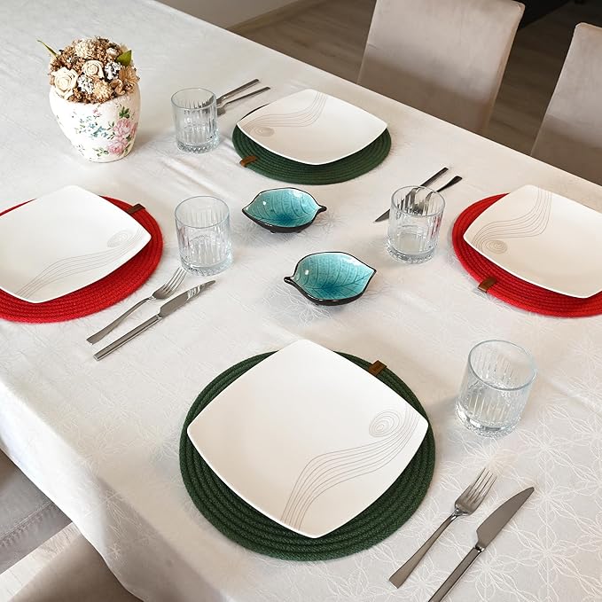 Round Placemats, Set of 6, Handmade by Braided Cotton Cord for Kitchen and Dining Table, Dia. 12.6 Inch, Doublesided, Heat Resistant, Red/Green