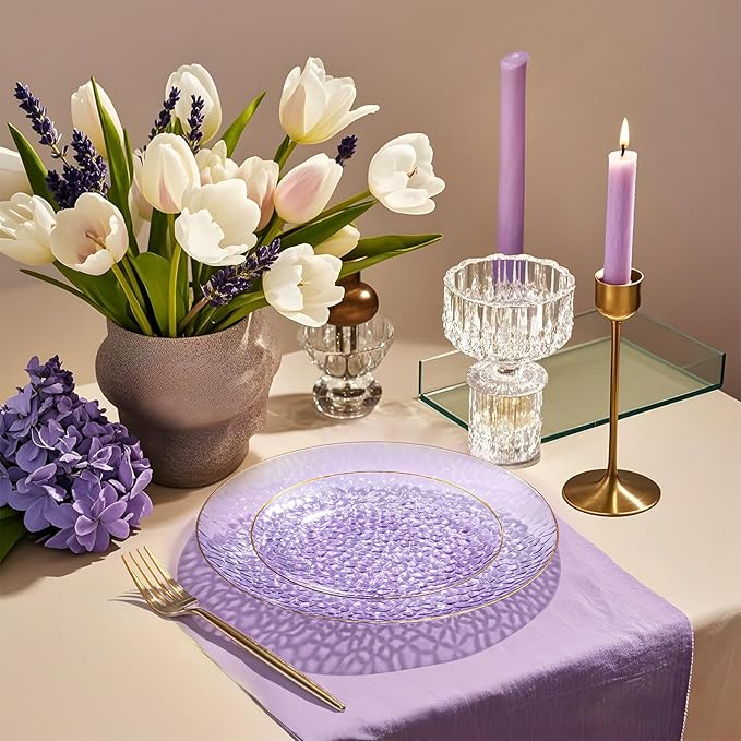 Rubtlamp 100Pcs Purple Gold Plastic Plates, Purple Disposable Plates With Gold Rim, Hammered Plastic plates Include 50 Clear Dessert Platos, 50 Dinner Platos for Party