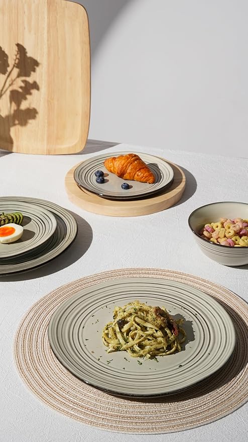 Famiware Plates and Bowls Sets 18-Piece Stoneware Dinnerware Sets, Dishes Set for 6, Hand-made Reactive Glaze Dish Set, Twilight Series, Terre-verte
