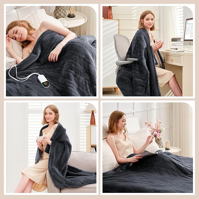 Premium Heated Blanket Twin 62"횞84" - Ultra Cosy Soft Electric Blanket with 8 Heating Levels,Plush Fast Heating Faux Rabbit Fur Blanket for Bed & Couch - Auto Shut Off,Machine Washable (Grey)