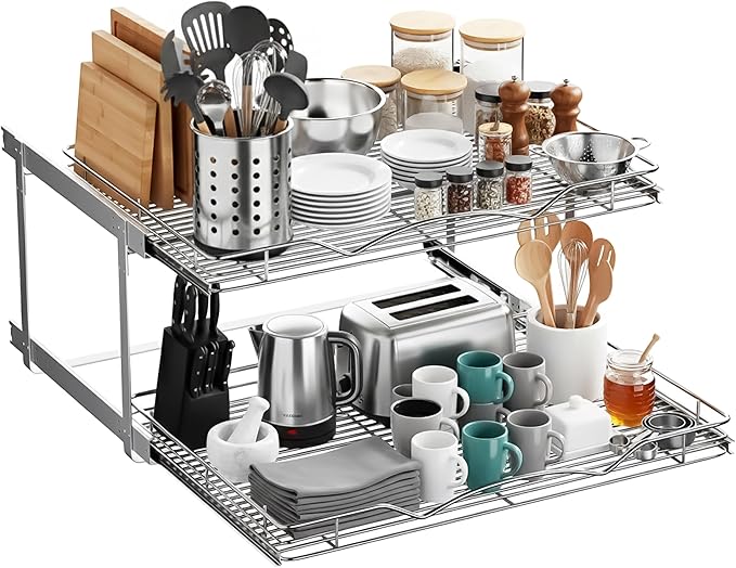 HOLDN??STORAGE Two Tier Pull Out Cabinet Organizer, Individual Sliding Drawers - Heavy Duty Metal with Lifetime Limited Warranty - Anti Rust Chrome Finish - 30" W x 21?쒭 x 16.5" H