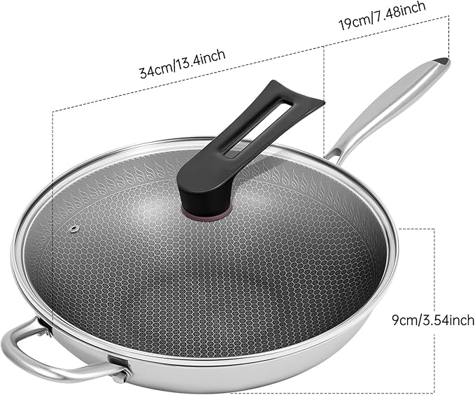 SUS 316 Stainless Steel Wok, Nonstick Frying Pan & Skillet with Lid, Induction Compatible Cookware, Honeycomb Wok Pan for Stir-Frying Saut챕ing Home Kitchen Camping Cooking (34cm)