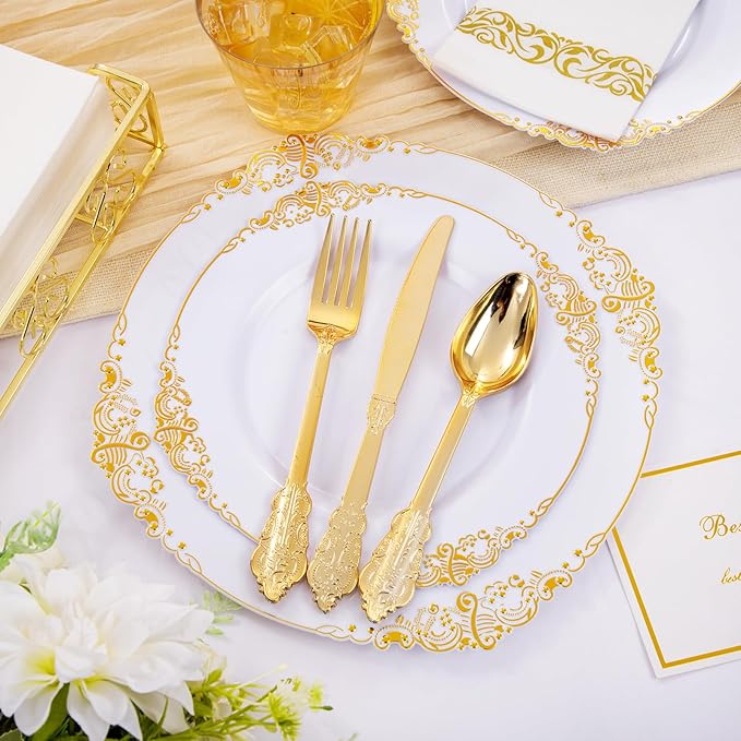 Hioasis 350pcs White and Gold Plates - White Party Plates for 50 Guest, Include 100 Heavy-duty Plates(20% Thicker Than Standard), 150 Cutlery Set, 50 Napkin, 50 Cups