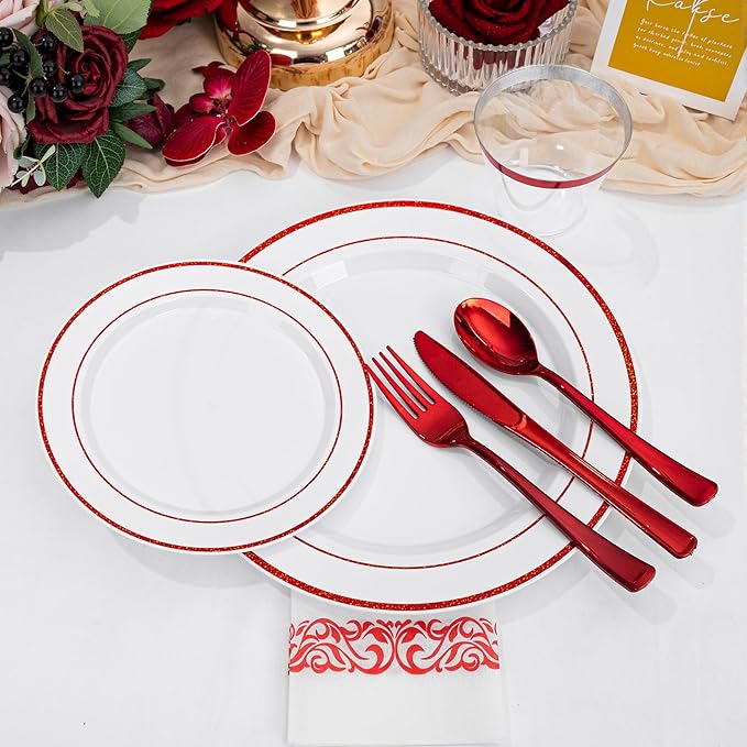 WELLIFE 700 Pcs Red Plastic Plates for 100 Guests - Plastic Dinnerware Set,Party Supplies Includes 200 Red Disposable Plates,300 Silverware,100 Napkins,100 Cups