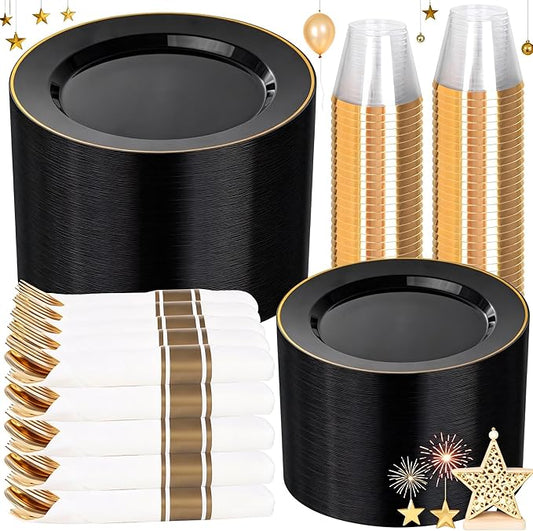 SUT 350 Pcs Black and Gold Plastic Dinnerware Set for 50 Guests, Include: 50 Dinner Plates, 50 Dessert Plates, 50 Pre Rolled Napkins With Silverware, 50 Cups, Disposable Plates for Party