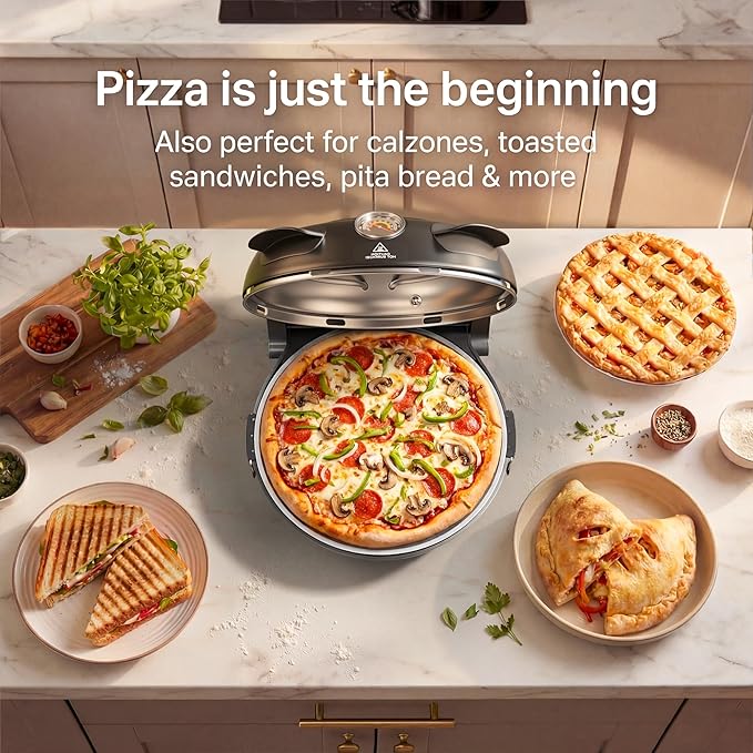 SENSCHEF 12-Inch CrustyBake Beginner's Black Glazed Stone Pizza Oven: Quick 800째F Heating, Easy-Clean Design, Recipe Book & All Tools Included - Perfect for First-Time Pizza Makers at Home