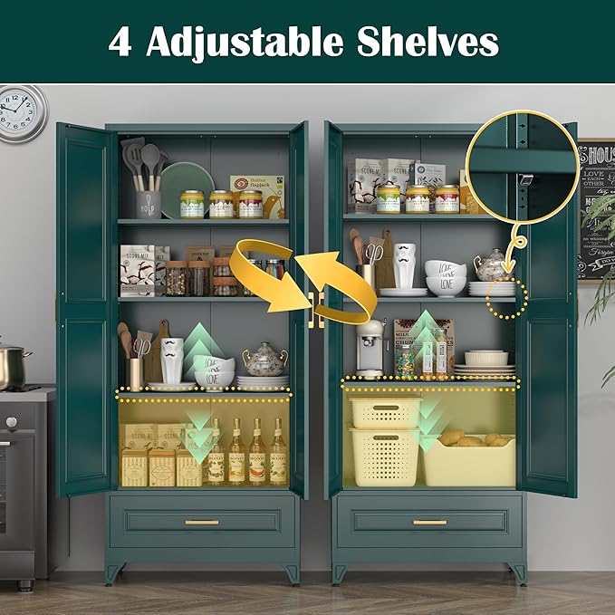 75" Kitchen Pantry Cabinet with Drawer, Metal Storage Cabinets with Doors and 4 Adjustable Shelves,Green Kitchen Cabinet with 2 Gold Handles,Food Cupboard for Livingroom,Pantry, Bathroom