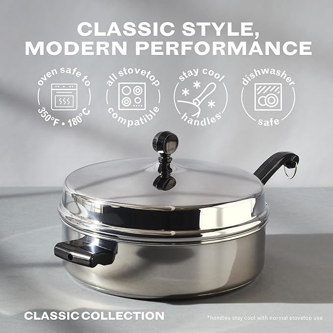 Farberware Classic Series Anniversary Edition Stainless Steel Saut챕 Pan and Lid with Helper Handle, Induction Suitable, 6 Quart Jumbo Cooker, Metal Utensil Safe - Stainless Steel