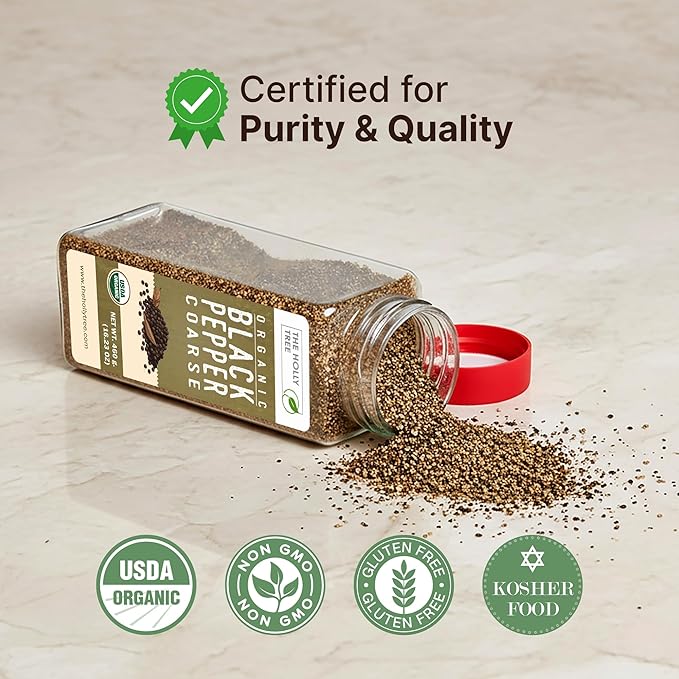 Organic Black Pepper Coarse - 16.2 oz Glass Jar - USDA Certified Organic, Non-GMO, Kosher & Gluten-Free - Premium Coarsely Ground Black Pepper for Cooking, Seasoning & Finishing - The Holly Tree