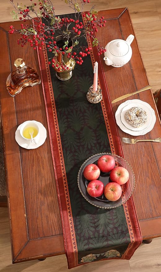 patdrea Designer Mysterious Oil Painting Figures Velvet Table Runner, Brown Green with Palm Frond Pattern Table Mat, Decoration for Kitchen Dining Coffee Table Cabinet Banquet Thanksgiving,12"*118"