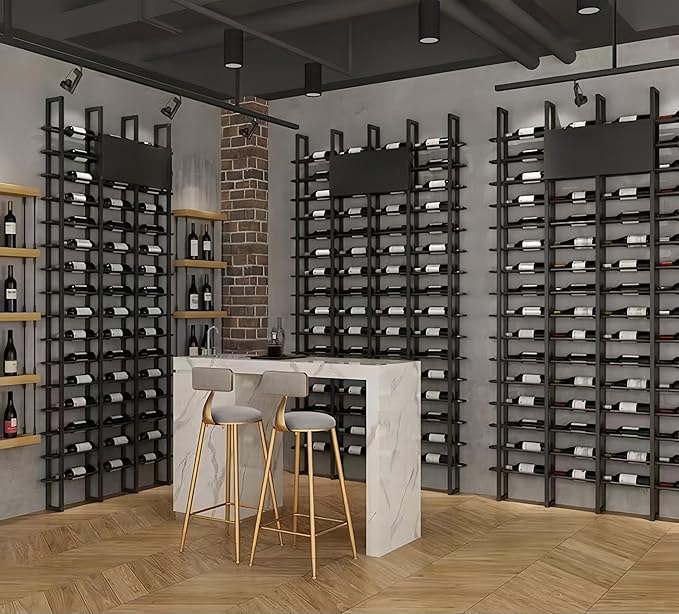75-Bottle 5-Column Wall-Mounted Wine Rack, Black Metal Wine Bottle Holder with Vertica Design, Space-Saving Wine Storage Shelf for Home Bar, Kitchen, Restaurant & Cellar(75 Bottles, 74.02" W)
