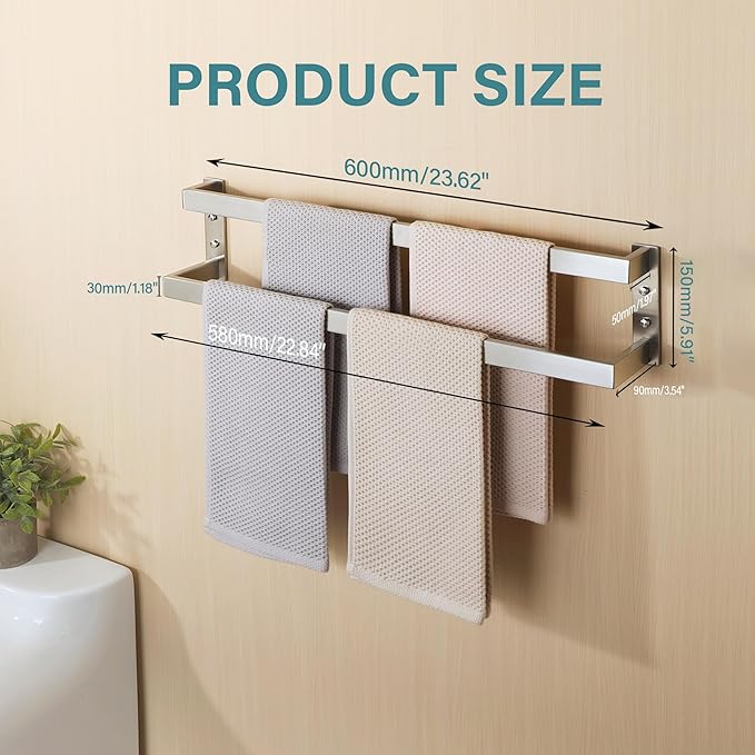 Alise Double Towel Bar 24", SUS304 Stainless Steel Towel Racks for Bathroom Wall Mounted, Heavy Duty Bathroom Towel Holder, Space Saving Towel Hanger, Brushed Nickel