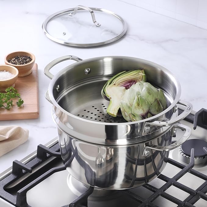 Sur La Table Kitchen Essentials Chef's Deck 3-Piece 5.3-Quart Stainless Steel Dutch Oven with Steamer Insert & Glass Lid ??Induction Ready, Tri-Ply Base, Polished Finish & Hollow Stay-Cool Handles