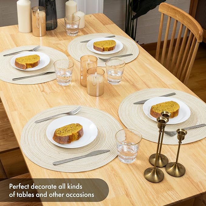 Winknowl Round Braided Placemats Set of 4 Washable Woven Heat Resistant Table Mats for Kitchen Dining Tables 15 inch Round Place Mats (Ivory,4)