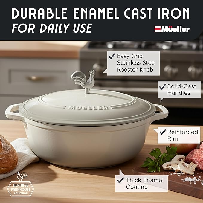 MUELLER HOME 5.5 Quart Enameled Cast Iron Oval Dutch Oven with Rooster Knob & Cotton Potholders, Heavy-Duty Cookware, Oven-Safe up to 500째 F & Across All Cooktops, Gifts for Grandma & Women, White