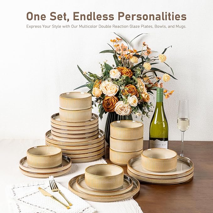 GBHOME Stoneware Dinnerware Sets for 4,Round Reactive Glaze Ceramic Plates and Bowls Set,Highly Scratch Resistant | Dishwasher & Microwave Safe Dishes Set,Service for 4(12Pcs),Barley Latte