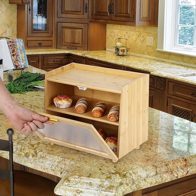 Double Layer Bread Box, Large Capacity Kitchen Counter Storage Container with Acrylic Clear Window and Hinge Door,Farmhouse Style Bread Keeper,Natural