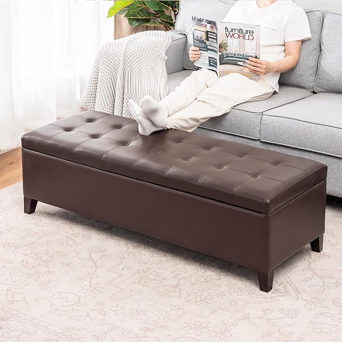 DECO DE VILLE Ottoman with Storage, 51 Inch Large Ottomans Storage Bench,Faux Leather Upholstered End of Bed Bench with Hinged Lid, Long Foot Rest Stool for Living Room Bedroom, Brown