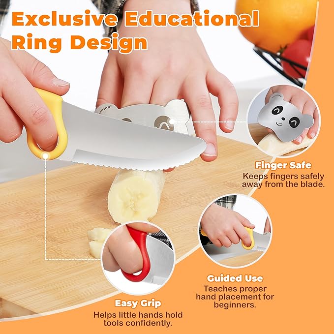 Kids Kitchen Knife Set with Educational Ring, 7-Piece Animal Cooking Tools, Safe Stainless Steel Knives, Finger Guard & Cutting Board, Montessori Cooking Set for Kids