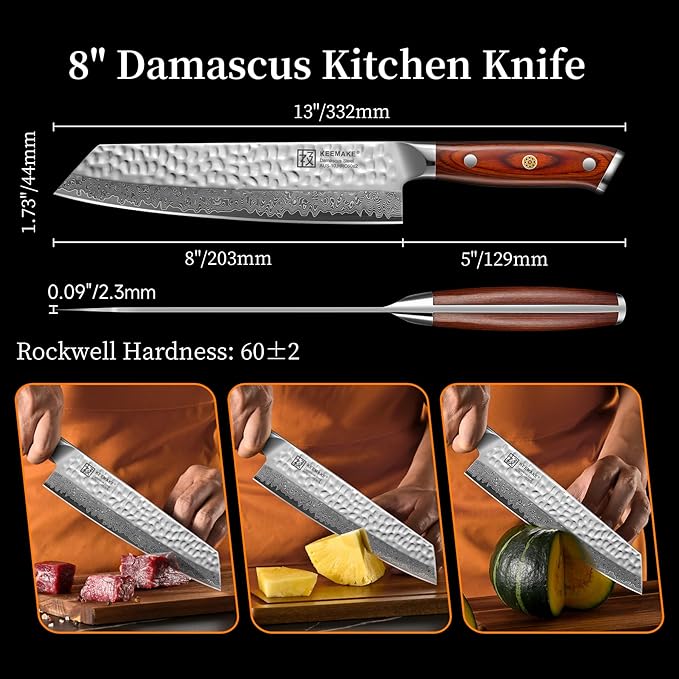 KEEMAKE Kiritsuke Chef Knife 8 Inch, Damascus Kitchen Knife Professional Gyuto Knives, Ultra Sharp Cooking Knives with Ergonomic Pakkawood Handle & Ash Sheath