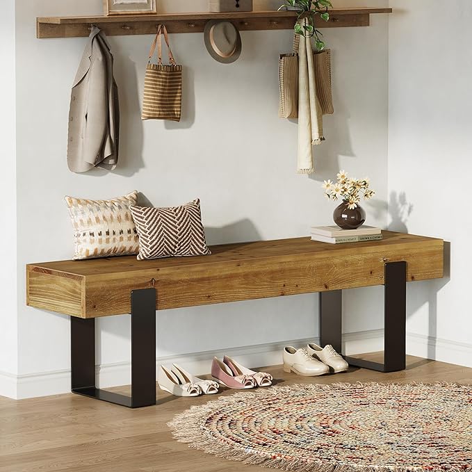 TRIBEWOOD Solid Wooden Entryway Bench, 63" Farmhouse Indoor Shoe Bench with Metal Legs, Industrial Long End of Bed Stool with Seating for Entry, Hallway, Porch, Living Room, Mudroom, Easy Assembly