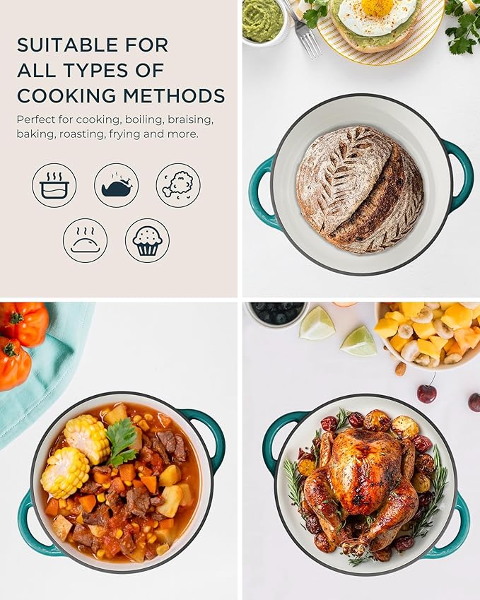 Enameled Cast Iron Dutch Oven - 4.5QT Pot with Lid & Cotton Potholders - Heavy-Duty Cookware for Braising, Stews, Roasting, Bread Baking, Oven Safe up to 500째F & Across All Stovetops, Bottle Green