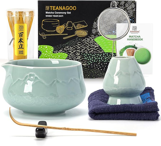 TEANAGOO 7 Pcs Matcha Whisk Set Blue, Ceramic Matcha Set, Matcha Kit for Ceremony, Matcha Tea Set for Making Breakfast/Latte, Tradition Whisk Set and Bowl with Scoop&Sifter, Gift for Friend/Family