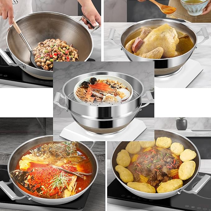 Titanium Hammered Wok with Double Handles, 2026 New Frying Pans Nonstick, Non-Stick Wok, Scratch-Resistant Non Stick Titanium Pans for Cooking,With steamer,16.53in