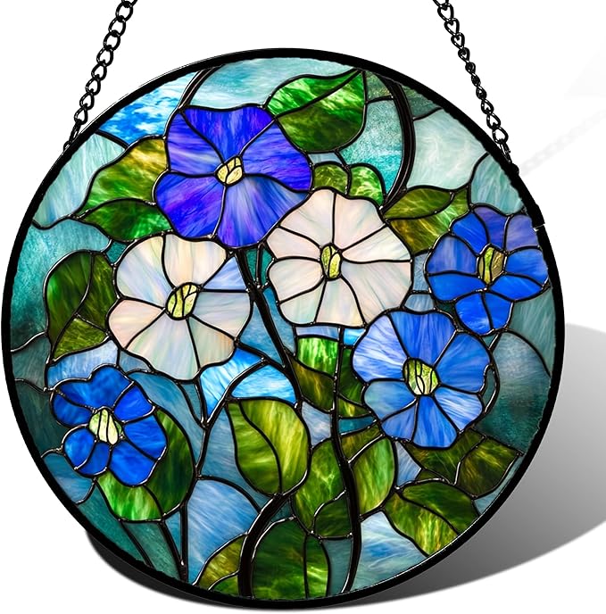 Stained Glass Window Hanging - Blue White Morning Glory Birth Flower Suncatcher for Door Garden Yard Sun Catchers Decor Christmas Mother's Day Birthday Gifts for Women Mom Nana Friend 11.8 in