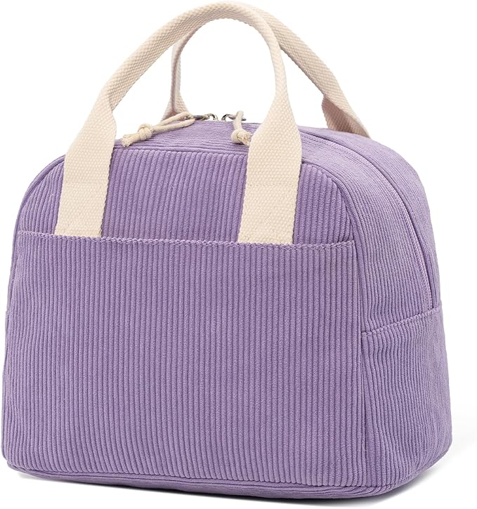 LOVELYWIND Insulated Purple Haze Lunch Bag for Women, Stylish Corduroy Tote with Aluminum Lining, Large Capacity Reusable Cooler for Work, Travel, or Beach, Beige Cream Water-Resistant Lunch Box