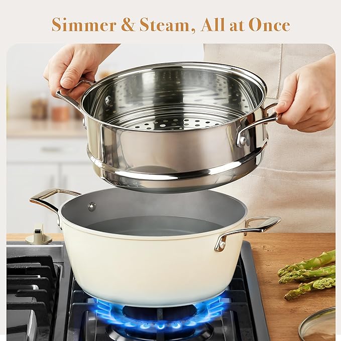 PekGema Ceramic Pots and Pans Set, 16 Pcs Cookware Set Nonstick, Non Toxic, Oven Safe, Induction Cookware, Cooking Set with Steamer, PPG Ceramic PFAS PTFE PFOA FREE, White