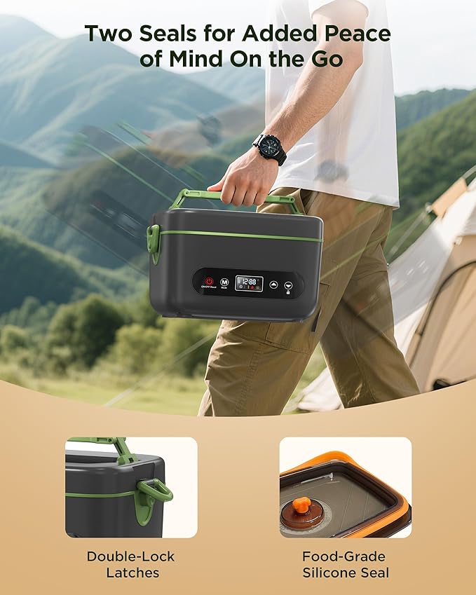 KPPTYUNM Cordless Electric Lunch Box for Adults竊?0000mAh Rechargeable Heated Lunch Box with Self Heating & 1.2L Portable Food Warmer for Work Travel Car(Gray-Green)