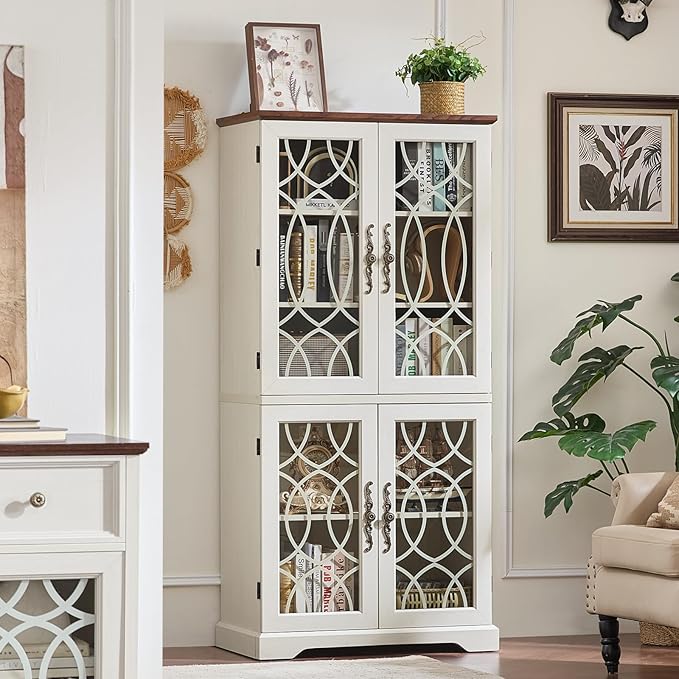 67" Tall Pantry Cabinet Set of 2, Vintage Kitchen Pantries Cabinets with Glass Doors & Adjustable Shelves, Wood Cupboard with Large Storage for Dingning Room, Bathroom, Antique White