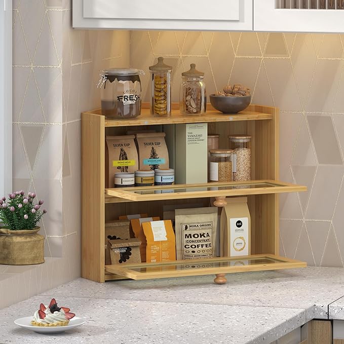 Bamboo Corner Bread Box for Kitchen Countertop, Large Bread Container Storage Bamboo Wooden Farmhouse Bread Box with Window Bread Holder
