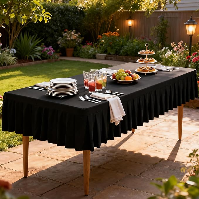 Wish Care Black Spandex Table Clothes for 6 Foot Rectangle Tables Wrinkle Free Stretch Fitted Tablecloth 6ft Pleated Ruffle Elastic Table Cover Skirt for Banquet Dining Outdoor Home Party Tablecloth