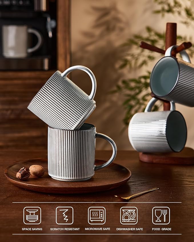 famiware Coffee Mug Set for 6, Star 16 oz Catering Mugs Cup Set with Handle for Coffee, Tea, Cocoa, Milk - Ceramic Stoneware Drinkware Set, Smoky Blue