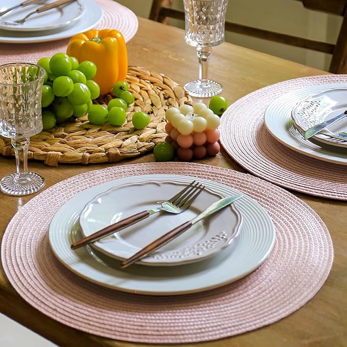 FunWheat Round Braided Placemats Set of 4 Table Mats for Dining Tables Woven Washable Non-Slip Place mats 15 inch(Peach Pink, 4pcs)