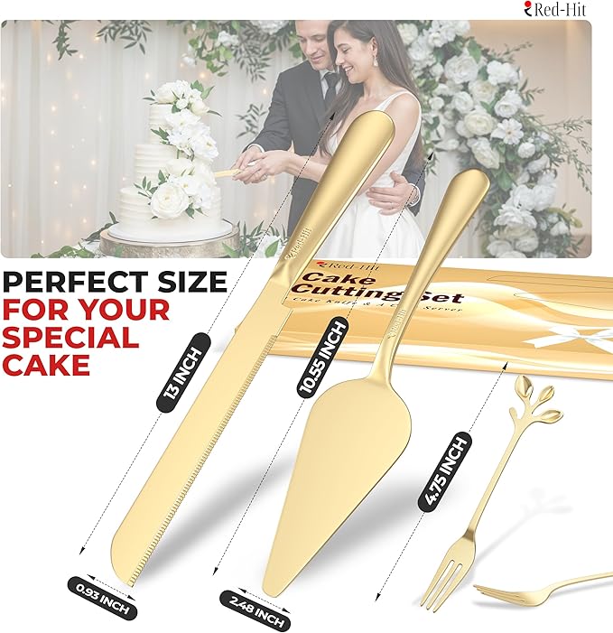Elegant Gold Cake Knife and Server Set, Extra Thick Stainless Steel Cake Cutter and Cake Server with Bonus Forks & White Bows, Cake Cutting Set for Wedding, Birthday and Christmas Celebrations