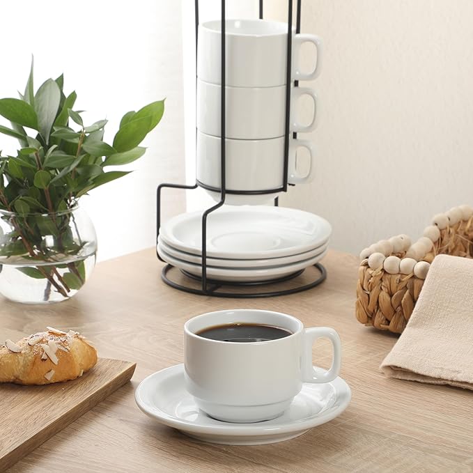 Gibson Home Gracious Dining 7-Ounce Cappuccino Cups Set of 4, Stackable Coffee Cups with 4 Saucers, Metal Stand, Coffee Mugs for Latte, Caf챕, Mocha, Tea