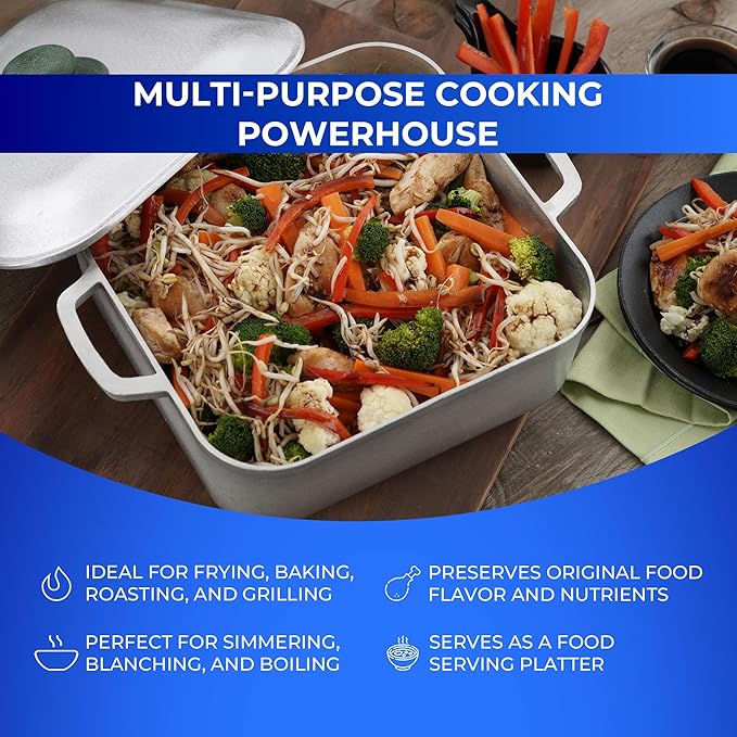 Universal Unique Square Caldero (9 Quart - 24 Cups), Stainless Aluminum Pot, Oven Safe, Even Heat Distribution and Fast Cooking Dutch Oven Pot with Lid, Ideal for Rice, French Fries, and More