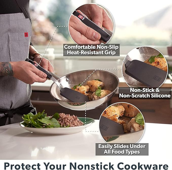 DI ORO Silicone Turner Spatula Set - Forever Warranty - Kitchen Spatulas for Nonstick Cookware - 600째F Heat-Resistant & BPA Free - Flexible & Thin Flippers for Turning Eggs & Pancakes (6 Piece, Black)