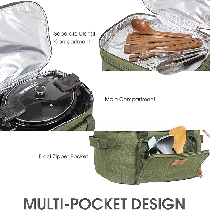 FUN ELEMENTS Double Layer Slow Cooker Carrying Bag for 6-8 Quart Oval CrockPot, Insulated Travel Carrier with Support Pad and Adjustable Straps, Top Zip Compartment and Front Pocket for Utensils,Green